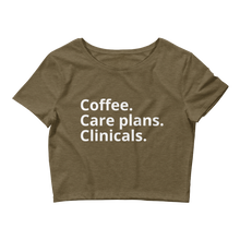Load image into Gallery viewer, Coffee, Care Plans, Clinical&#39;s Women’s Crop Tee
